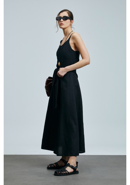 Selene Kadın Askılı Keten Elbise Siyah fiyatları