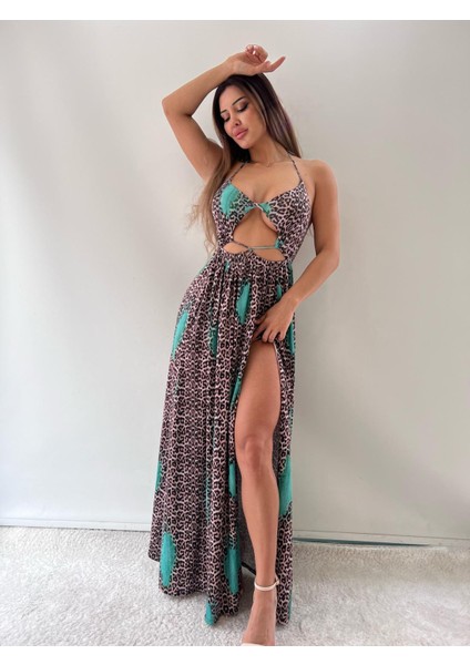 Leopar Desenli Micro Kumaş Uzun Summer Dress