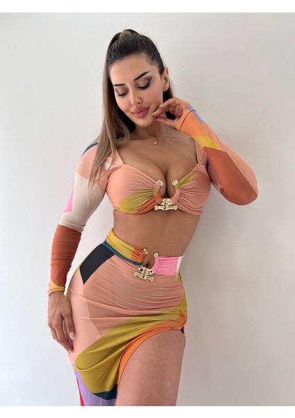 Renkli Desenli Sandy Kumaş Tokalı Uzun Kollu İkili Takım fiyatları