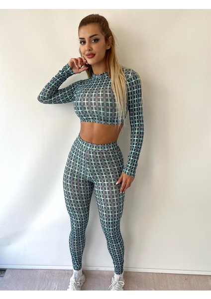 Mint Yeşili Ekose Desenli Pantolonlu Ikili Takım