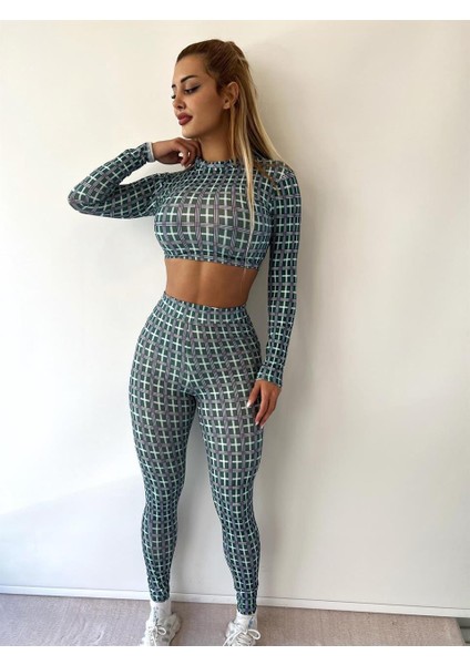 Mint Yeşili Ekose Desenli Pantolonlu Ikili Takım modelleri