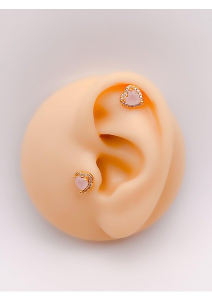 Cerrrahi Çelik Piercing ( Pirsing ) Pembe Taşlı Şık Kalpli Tragus Helix Piercing (1ADET)