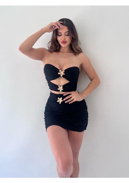 Siyah Dantel Strablez Tokalı Etekli Ikili Takım