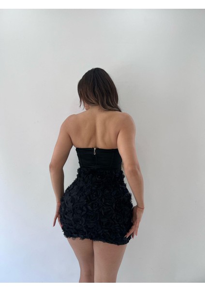 Siyah 3 D Çicekli Straplez Mini Elbise fiyatları