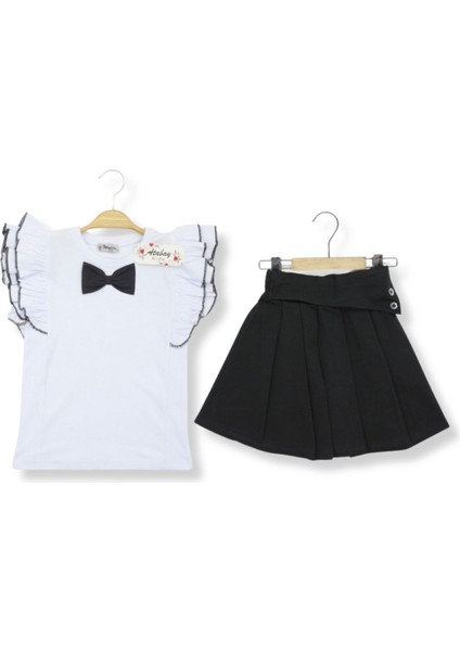 Kız Çocuk Takım Etekli Kol Fırfırlı Fiyonlu Okulluk