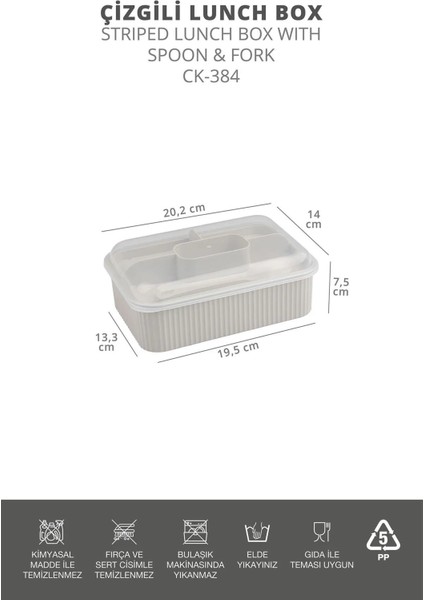 Çizgili 5 Bölmeli Beslenme Kutusu Çatal Kaşıklı Şeffaf Kapaklı Sızdırmaz Lunch Box Okul Ofis (1 Adet)