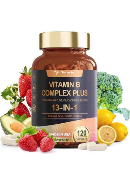Healt B Complex Plus With Vitamin B1 B2 B3- B4 B5 B6 B7 Biotin B8 - Inositol B9 Folate B12 C D3 K2 - Energy Nerve Immune Skin Support 120 Vegan Capsul
