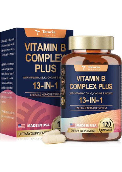 Healt B Complex Plus With Vitamin B1 B2 B3- B4 B5 B6 B7 Biotin B8 - Inositol B9 Folate B12 C D3 K2 - Energy Nerve Immune Skin Support 120 Vegan Capsul