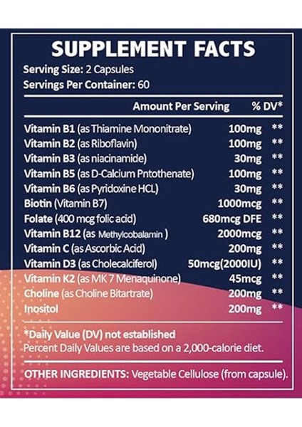 Healt B Complex Plus With Vitamin B1 B2 B3- B4 B5 B6 B7 Biotin B8 - Inositol B9 Folate B12 C D3 K2 - Energy Nerve Immune Skin Support 120 Vegan Capsul