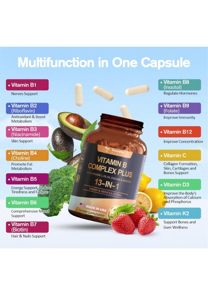 Healt B Complex Plus With Vitamin B1 B2 B3- B4 B5 B6 B7 Biotin B8 - Inositol B9 Folate B12 C D3 K2 - Energy Nerve Immune Skin Support 120 Vegan Capsul