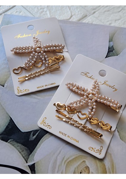 Deniz Yıldızı Gold Renk Kalpli ve Paravanalı Inci-Taş Detaylı Kadın Toka Seti fiyatları