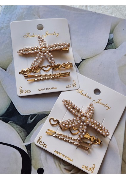 Deniz Yıldızı Gold Renk Kalpli ve Paravanalı Inci-Taş Detaylı Kadın Toka Seti modelleri