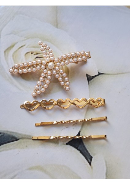 Deniz Yıldızı Gold Renk Kalpli ve Paravanalı Inci-Taş Detaylı Kadın Toka Seti fırsatları