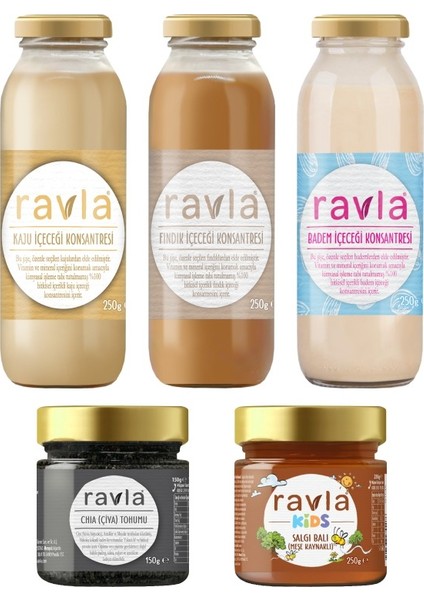 5'li Ürün - Ravla Chia Tohumu 150G / Meşe Balı 250G / Badem, Kaju ve Fındık Içeceği 250G