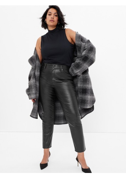Kadın Siyah High Rise Suni Vegan Deri Vintage Slim Jean Pantolon fırsatları
