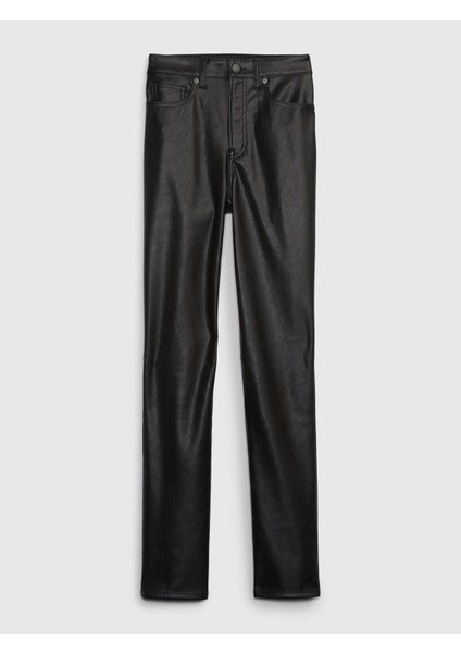 Kadın Siyah High Rise Suni Vegan Deri Vintage Slim Jean Pantolon