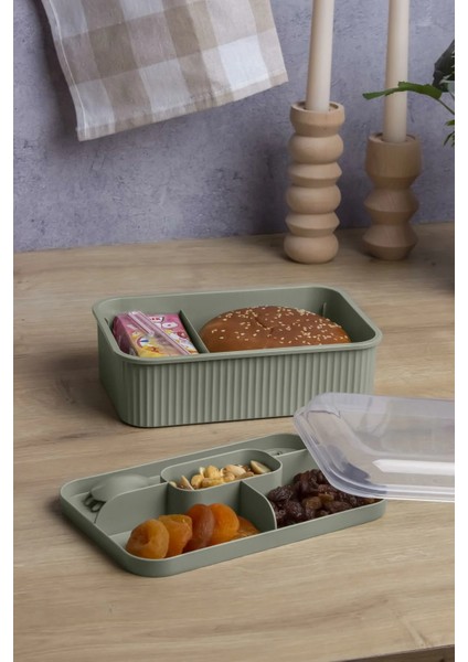 Çizgili 5 Bölmeli Beslenme Kutusu Çatal Kaşıklı Şeffaf Kapaklı Sızdırmaz Lunch Box Okul Ofis (1 Adet)