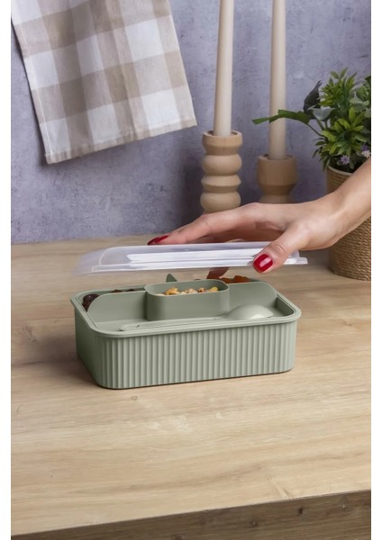 Çizgili 5 Bölmeli Beslenme Kutusu Çatal Kaşıklı Şeffaf Kapaklı Sızdırmaz Lunch Box Okul Ofis (1 Adet) fırsatları