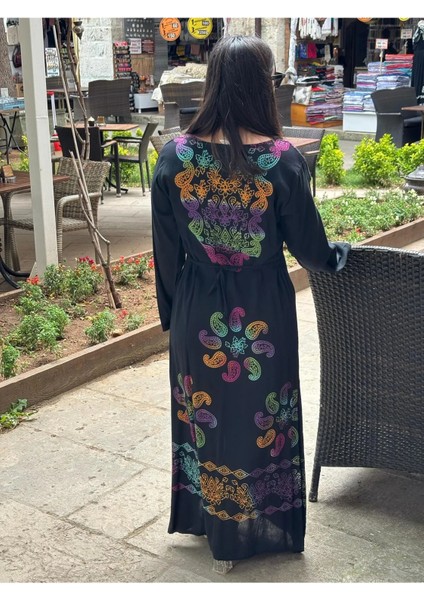 Siyah Desenli Uzun Salaş Elbise - Şık ve Rahat Dört Mevsim Model
