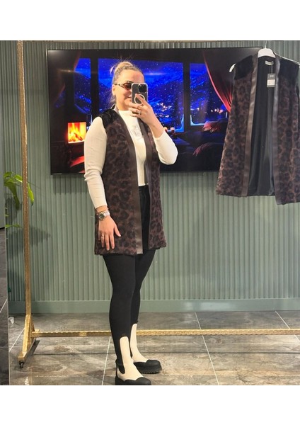 Leopar Desen Deri Kombinli Hırka