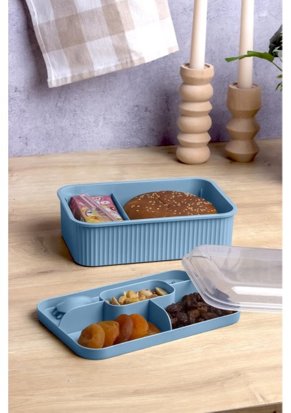 Çizgili 5 Bölmeli Beslenme Kutusu Çatal Kaşıklı Şeffaf Kapaklı Sızdırmaz Lunch Box Okul Ofis (1 Adet)
