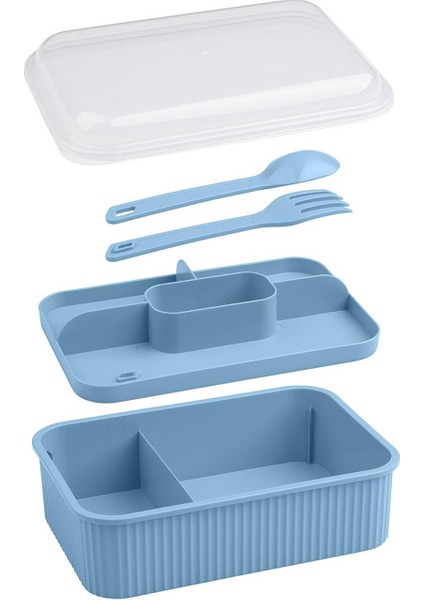 Çizgili 5 Bölmeli Beslenme Kutusu Çatal Kaşıklı Şeffaf Kapaklı Sızdırmaz Lunch Box Okul Ofis (1 Adet) modelleri