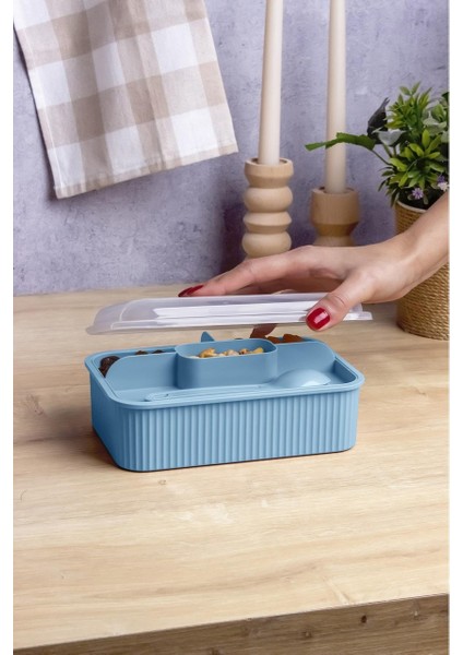 Çizgili 5 Bölmeli Beslenme Kutusu Çatal Kaşıklı Şeffaf Kapaklı Sızdırmaz Lunch Box Okul Ofis (1 Adet) indirimleri