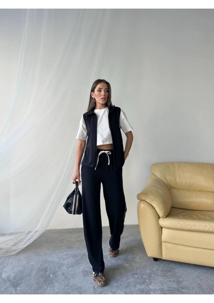 T-Shirtlü Yelekli Eşofman Takımı 3'lü - Boru Paça & Slim Fit