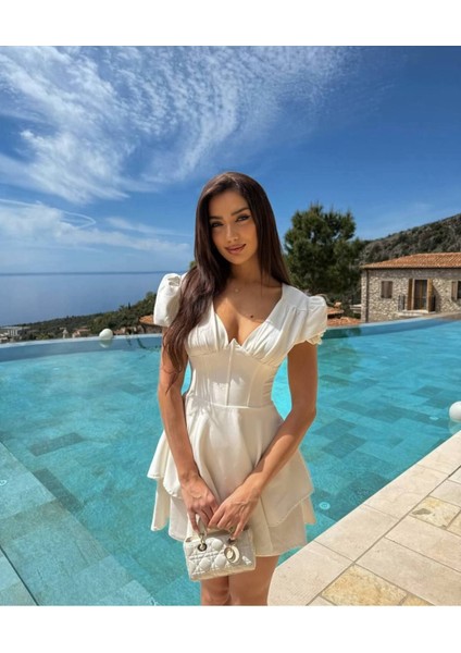 Kadın Bel Çizgili Elbise - Volanlı, Astarlı & V Yaka