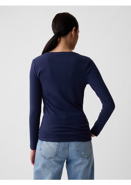Kadın Lacivert Supima® Modern Bisiklet Yaka Uzun Kollu T-Shirt fırsatları