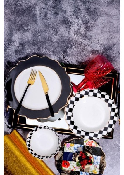 Noirpatch 24 Parça Yaldız Süslemeli Bone China 6 Kişilik Sofra Yemek Takımı