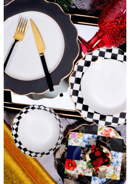 Noirpatch 24 Parça Yaldız Süslemeli Bone China 6 Kişilik Sofra Yemek Takımı