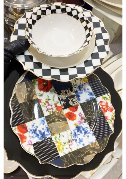 Noirpatch 24 Parça Yaldız Süslemeli Bone China 6 Kişilik Sofra Yemek Takımı