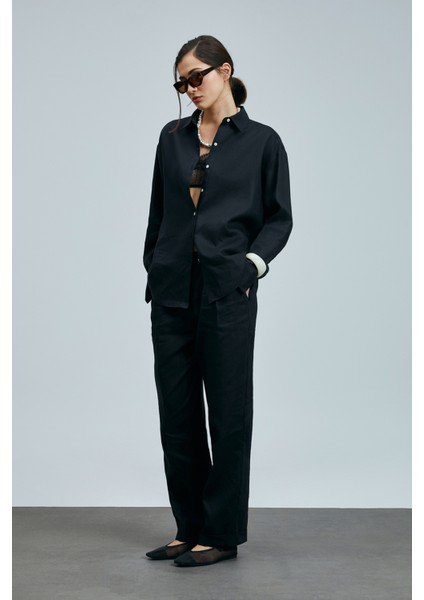 Navasa Kadın Keten Pantolon Siyah