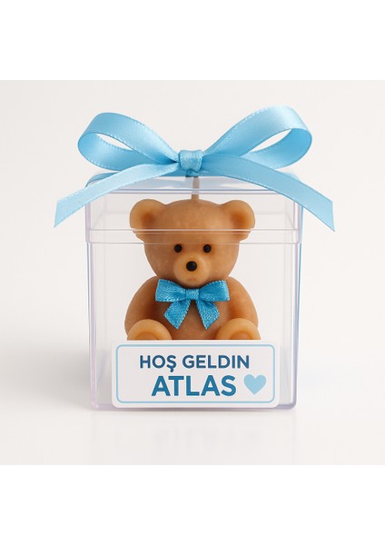 Hoş Geldin Bebek Ayıcık Mum Hediyelik – Erkek Bebek – Mavi Kurdele – Mevlid – Baby Shower – El Yapımı (10–30 Adet)