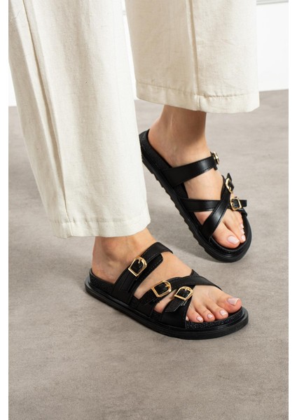 Pekin Kadın Terlik Çapraz Bantlı Tokalı Siyah Deri fiyatları