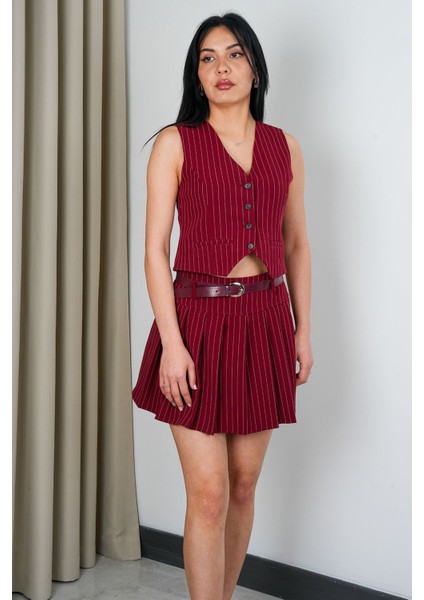 Kadın Çizgili Kemerli Pileli Etek - Astarlı Yelek Takım