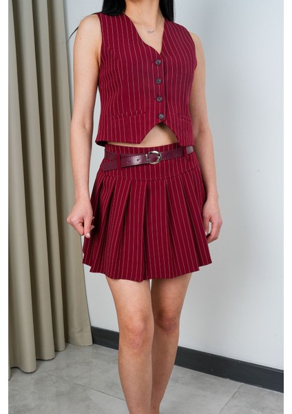 Kadın Çizgili Kemerli Pileli Etek - Astarlı Yelek Takım fiyatları