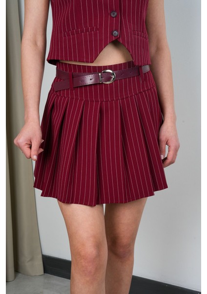 Kadın Çizgili Kemerli Pileli Etek - Astarlı Yelek Takım modelleri