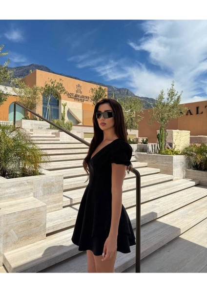 Kadın Bel Çizgili Elbise - Volanlı, Astarlı & V Yaka