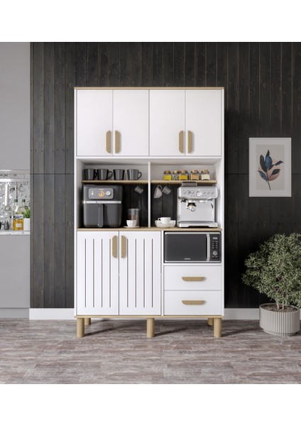 Sirius Kahve Köşesi 6 Kapaklı 2 Çekmeceli ve Çok Amaçlı Dolap Tamamı Mdf Beyaz Flora