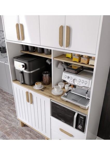 Sirius Kahve Köşesi 6 Kapaklı 2 Çekmeceli ve Çok Amaçlı Dolap Tamamı Mdf Beyaz Flora