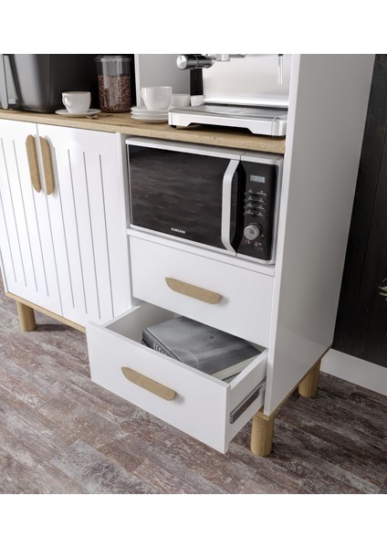 Sirius Kahve Köşesi 6 Kapaklı 2 Çekmeceli ve Çok Amaçlı Dolap Tamamı Mdf Beyaz Flora