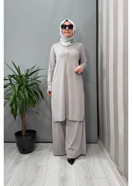 Fermuar Detaylı Triko Tunik Gri T25Y-6017