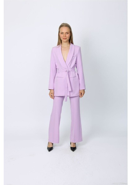 Kuşaklı Yaka Detaylı Ceket & Palazzo Pantolon Takım - Yüksek Bel