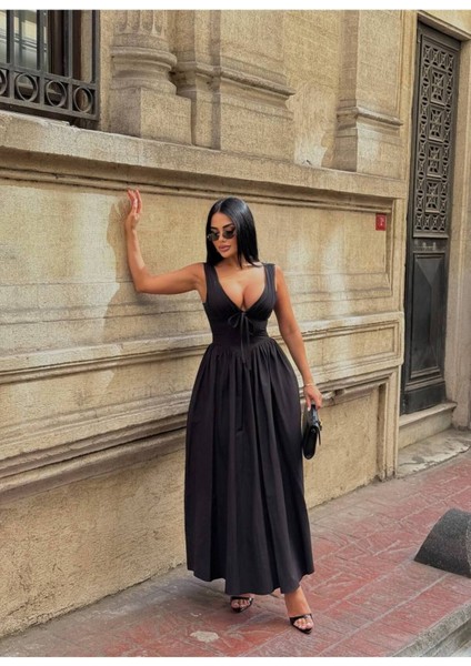 Kadın Korse Detaylı Kurdeleli Poplin Elbise - %100 Pamuk & V Yaka fırsatları