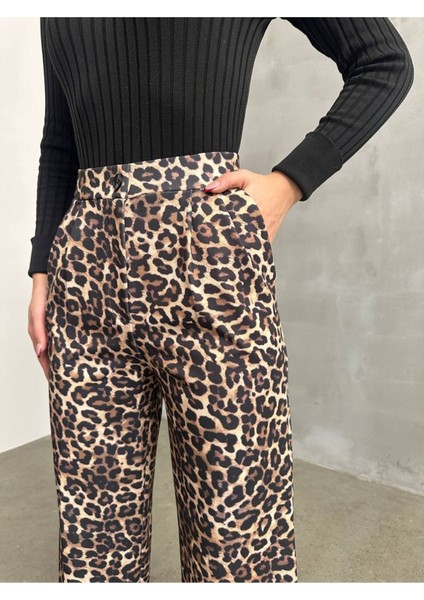 Premium Leopar Desenli Palazzo Pantolon – Yüksek Bel, Oversize