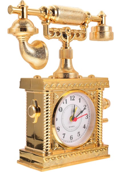 Vintage Telefon Masa Saati Nostaljik Dekoratif Çalar Masa Saat Pilli Gold ve Gümüş Renkleriyle