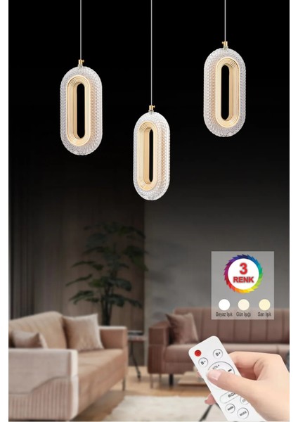 LED Alfa 3'lü Sıralı Gold Yemek Masası Kumandalı 3 Renk Ledli Kristal Taşlı Modern LED Avize