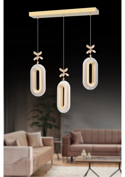 LED Alfa 3'lü Sıralı Gold Yemek Masası Kumandalı 3 Renk Ledli Kristal Taşlı Modern LED Avize modelleri